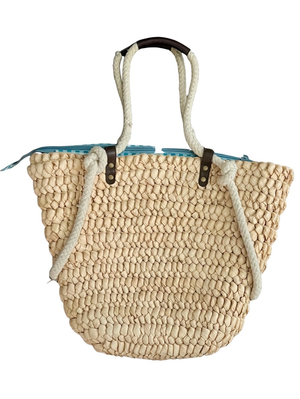 Scala Collezioni Cornhusk Woven Straw Tote Bag | Blue Gingham Lining